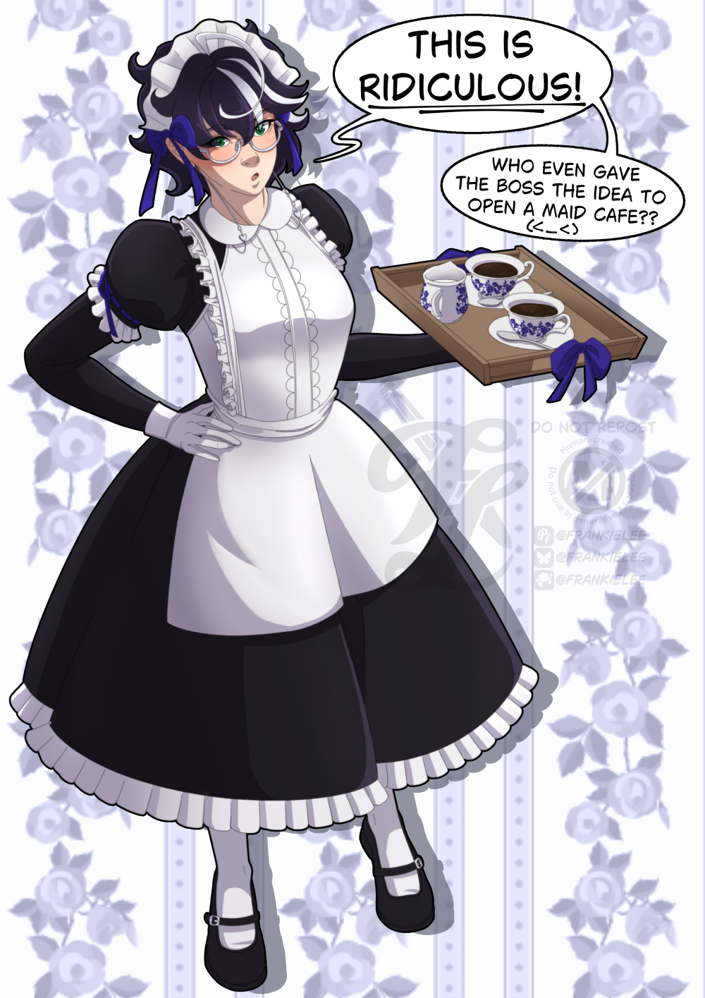 Digital Art of Frankie, he's dressed in a full maid outfit - holding a tray with coffees with their left hand with the other on his hip. He's unimpressed as he says, This is ridiculous! Who even gave the boss the idea to open a maid cafe